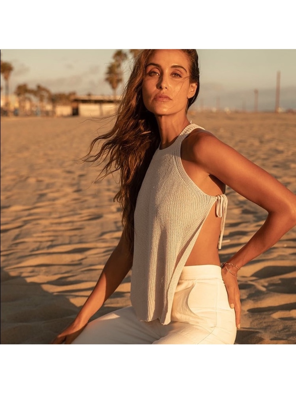 Lulus Sunny Style White Loose Knit Mock Neck Side Tie Tank Top Camel Size S